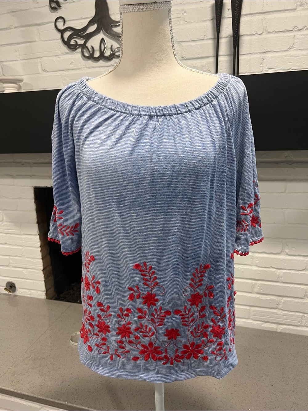Talbots Light Blue Off-Shoulder Top with Red Floral Embroidery Fourth of July